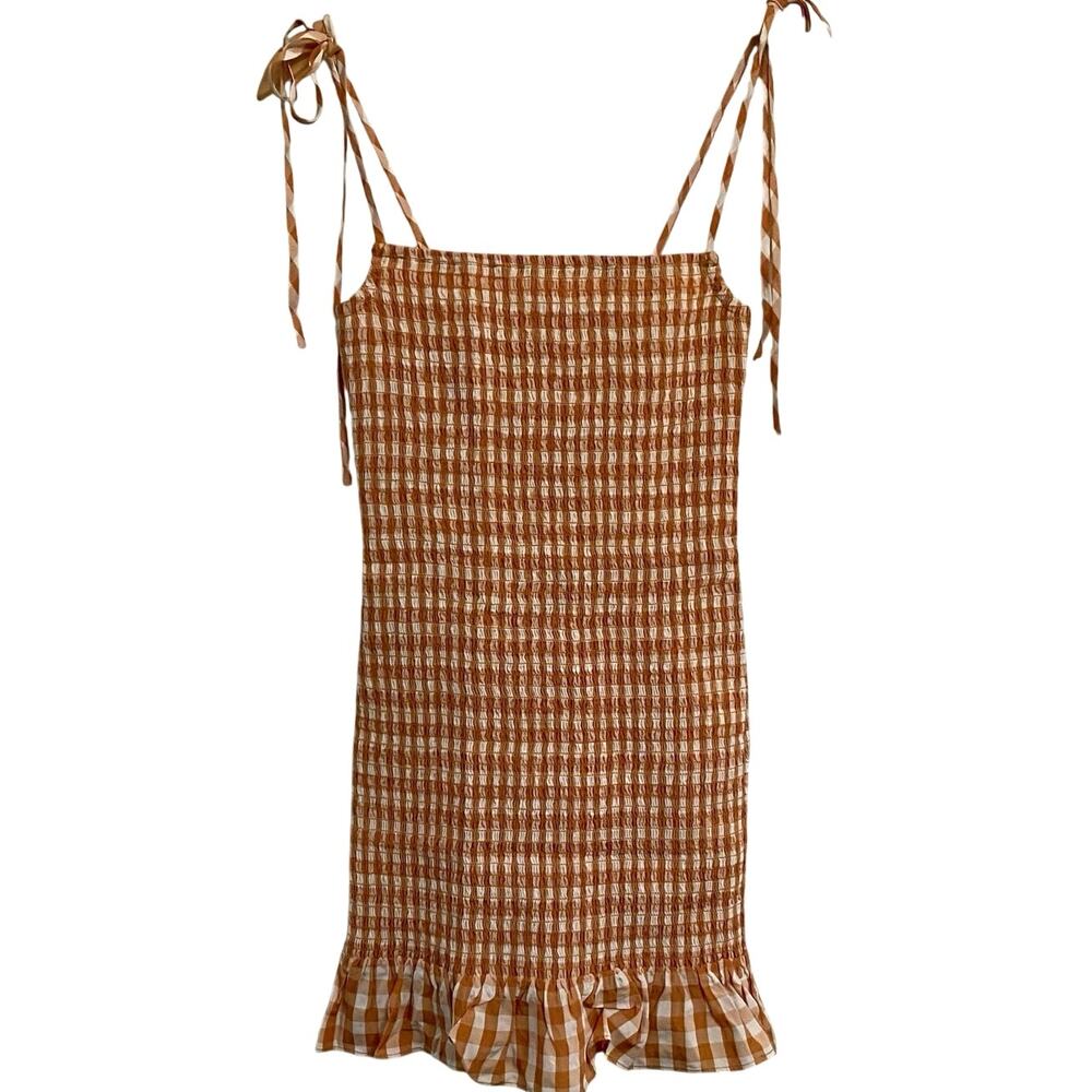 Reformation Gemini Mini Dress Orange Check Size Small Cottagecore Preppy Smocked